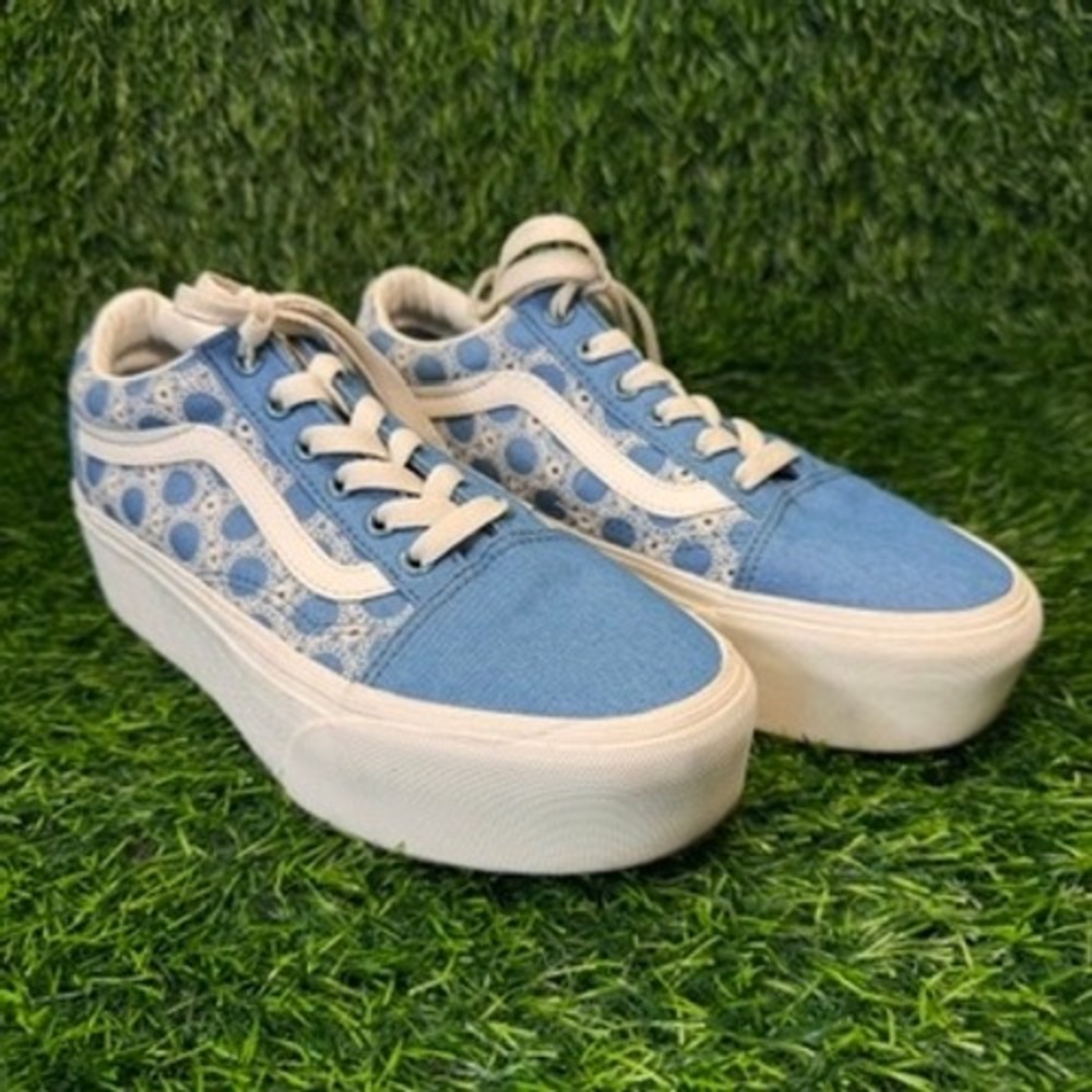 Vans Old Skool Stackform Blue Eyelet Denim Platform Sneakers Womens 7 Mens 5.5‎